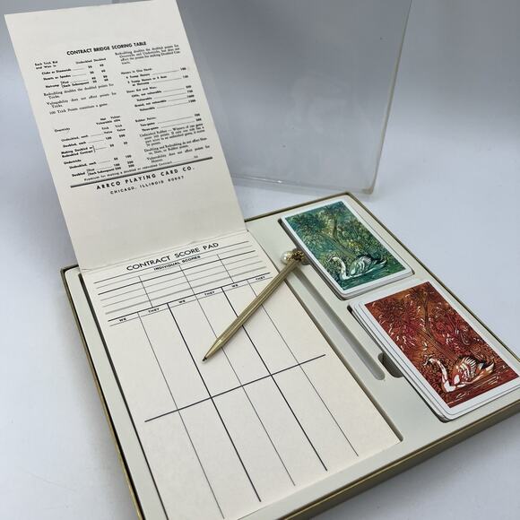 Vintage 1960s Swans Bird Bridge Set Metal Pencil Score Pad Cards Pink Green - Picture 1 of 5
